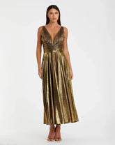 Gold Sleeveless V Neck Pleated Top Metallic Dress